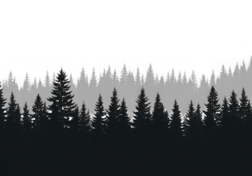 Silhouette of evergreen forest trees against a gradient sky isolated on transparent background