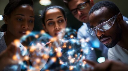 A group of diverse individuals collaborates intensively, examining intricate digital connections and data visualizations, symbolizing teamwork and innovation in technology and research fields. - Powered by Adobe