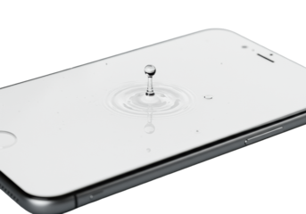 Modern smartphone, blank white screen, metallic frame, pristine water droplet mid-impact in extreme close-up macro shot, isolated on transparent with shadow, concept of advanced hydrophobic technology
