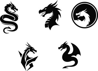 Naklejka premium Five distinct dragon head and full-body silhouette vector designs