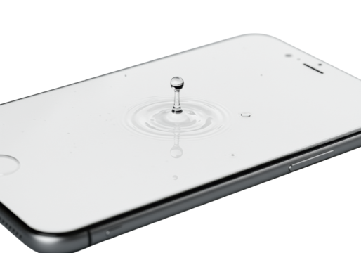 Modern smartphone, blank white screen, metallic frame, pristine water droplet mid-impact in extreme close-up macro shot, isolated on transparent with shadow, concept of advanced hydrophobic technology