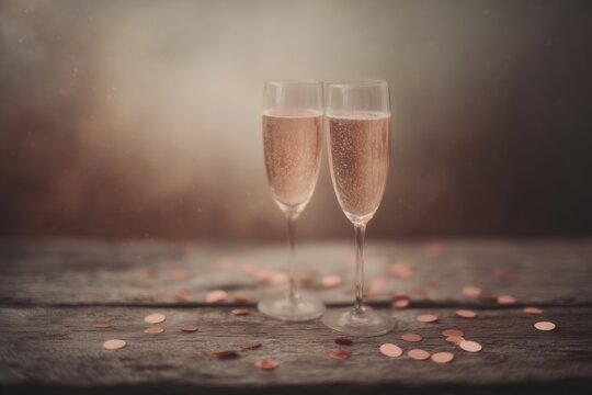 Vintage champagne glasses on weathered wooden table, scattered rose gold confetti, nostalgic celebration mood