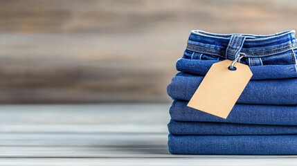 Stylish stack of blue jeans with empty tag ready for display in a fashion store on rustic wooden background