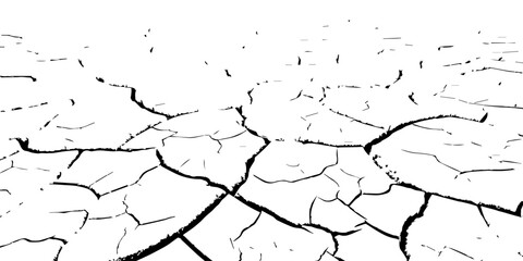 Black and white cracked dry soil texture background, broken earth drought surface pattern, climate change parched ground nature concept, abstract environmental disaster illustration for design use.