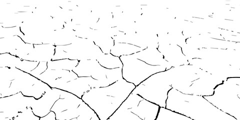 Black and white cracked dry soil texture background, broken earth drought surface pattern, climate change parched ground nature concept, abstract environmental disaster illustration for design use.