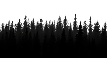 Silhouette of a dense evergreen forest isolated on transparent background