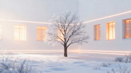 Winter Dream House with Frosted Tree and Glowing Windows
