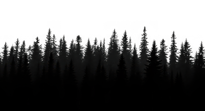 Silhouette of a dense evergreen forest isolated on transparent background
