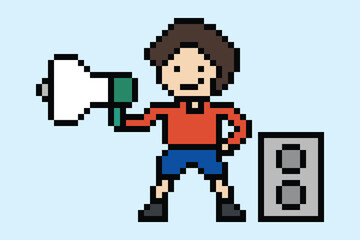 Obraz premium Pixel art cute cartoon man with megaphone announcement speaker information announce decor character 8 bit male boy megaphone cartoon pixel game vector.