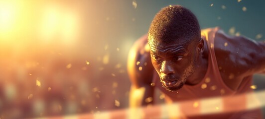 World-class sprinter crossing the finish line at full speed with intense emotion, sweat flying, finish tape breaking, golden hour lighting, ultra-realistic sports photography, cinematic action shot