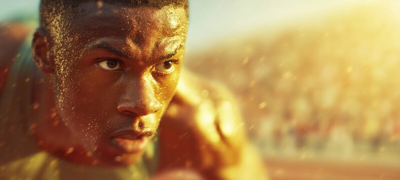 World-class sprinter crossing the finish line at full speed with intense emotion, sweat flying, finish tape breaking, golden hour lighting, ultra-realistic sports photography, cinematic action shot - Powered by Adobe