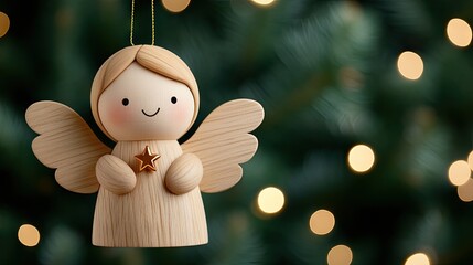 Obraz premium Wooden angel ornament brings joy to Christmas tree with warm bokeh lights creating a magical holiday atmosphere