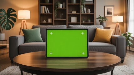 Modern living room interior with sofa coffee table and green screen laptop computer