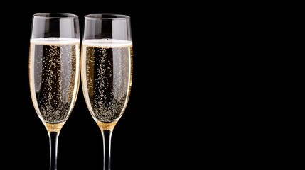 Celebrate in style with two flutes of champagne adorned with golden ribbons against a sleek black background