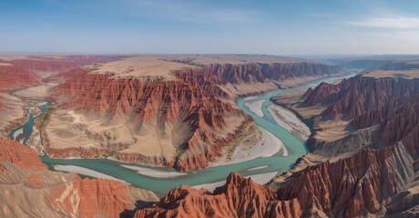 Panoramic View of Charyn Canyon &ndash; Winding River and Unique Rock Formations