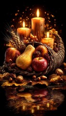 thanksgiving mobile smartphone wallpaper lockscreen rustic table centerpiece of cornucopia, apples, wheat, acorns, candles, surrounded by floating golden leaves and soft sparks
