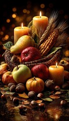 thanksgiving mobile smartphone wallpaper lockscreen rustic table centerpiece of cornucopia, apples, wheat, acorns, candles, surrounded by floating golden leaves and soft sparks