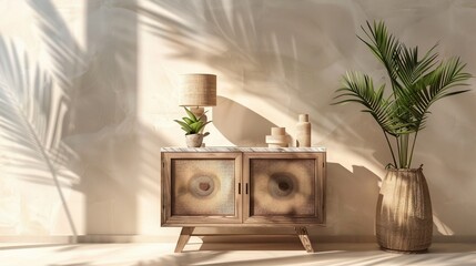 Sunlit, rustic wooden cabinet with lamp and plants, palm shadows on beige wall