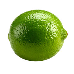 A close-up of a single, vibrant green, whole citrus fruit on a stark black background