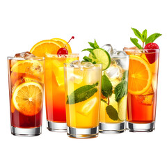Assortment of vibrant, refreshing mixed drinks with fruit garnishes, ice, and mint