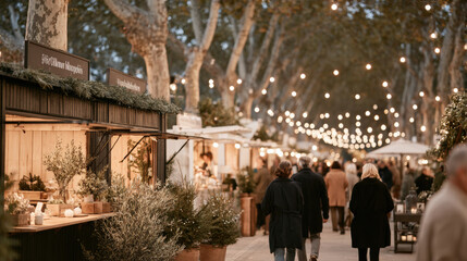 Obraz premium Charming Christmas market filled with warm lights, decorated stalls, and visitors enjoying festive atmosphere