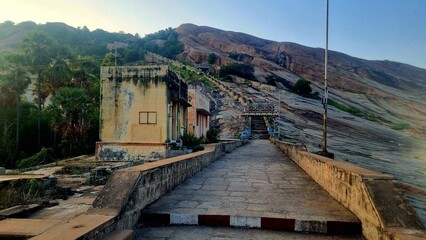 Colorful kasi viswanathar temple entrance and stone steps leading up Thiruparankundram Hill in...
