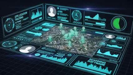 Futuristic holographic interface displaying gps location tracking with map and data analytics - Powered by Adobe