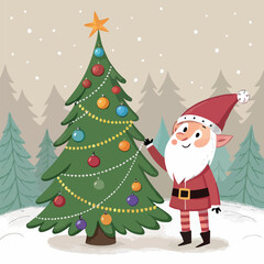 Cartoon Santa Claus under a Christmas tree with gifts and snowflakes for a festive winter holiday greeting card