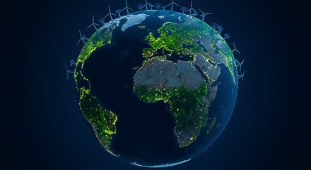 Artistic depiction of Earth with wind turbines, showing illuminated cities