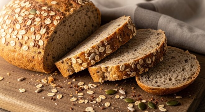 Freshly baked whole grain bread with seeds on wooden cutting board for bakery display