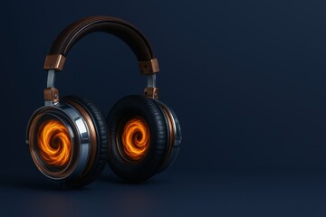 Retro style over ear headphones with fiery swirling earcup accents on a dark background