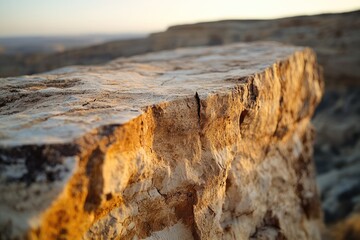A close-up of a weathered cliff edge, bathed in golden hour sunlight, revealing intricate textures and cracks against a blurred desert background.