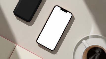 Modern smartphone displaying blank screen with light shadows and coffee cup overhead shot