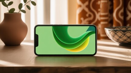 Modern smartphone displaying vibrant green abstract wallpaper on a table
