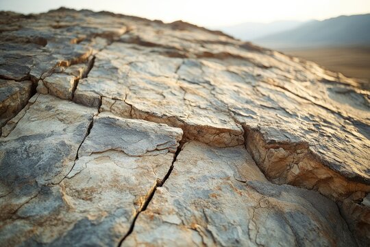 A detailed low-angle shot of a weathered, cracked rock surface in harsh sunlight, revealing intricate textures and patterns. The arid landscape stretches into a blurred distance.