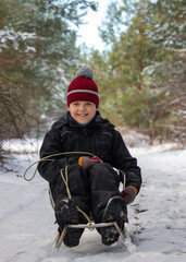 Portrait of a cheerful, smiling boy sitting on a sled against the backdrop of a winter forest