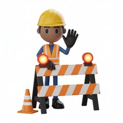 Stylized construction worker character with safety barrier and traffic cone 3d render