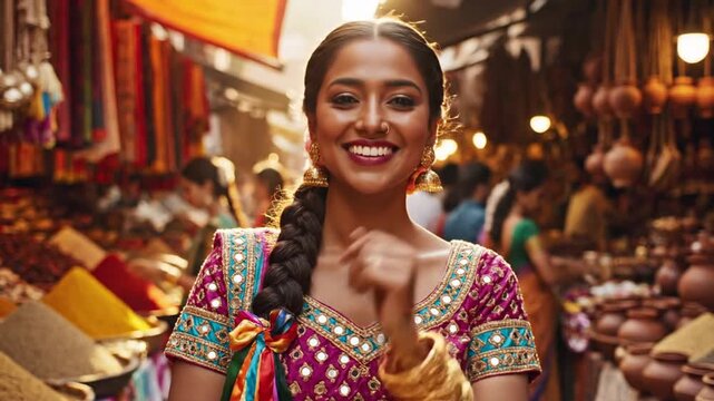 Woman smiling in colorful market with spices and fabrics editorial and commercial use