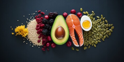 Colorful Superfood Flat Lay with Avocado, Salmon, and Berries | Healthy Meal Composition
