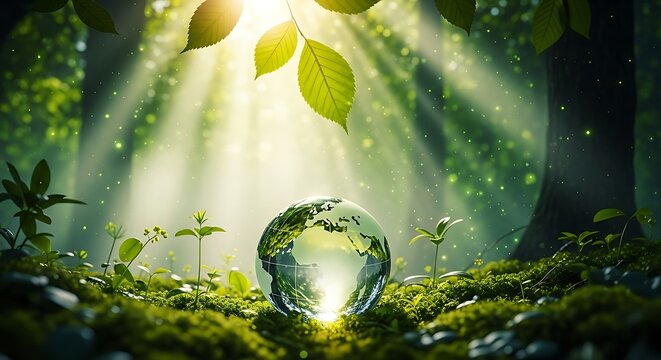 Glowing earth globe rests on mossy forest floor, surrounded by young plants and sunbeams, symbolizing environmental awareness and hope for a sustainable future. - Powered by Adobe