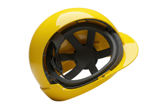 Bright yellow hard hat, strategic cut revealing robust multi-layered interior, glossy shell, suspension, on transparent. Industrial safety concept