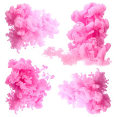 Pink, puffy clouds or smoke shapes against a black backdrop, in varying densities