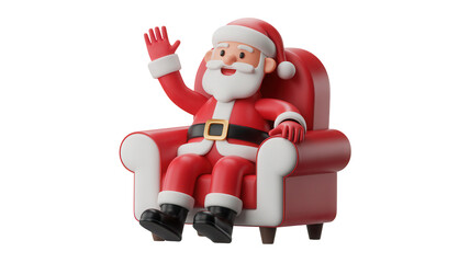 Joyful Santa Claus waving hello from his cozy red armchair, ready for holiday cheer and festive celebrations this Christmas season