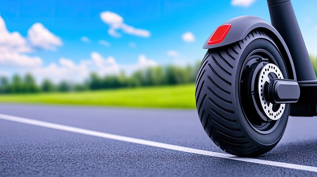 Electric scooter parked on asphalt with vibrant background perfect for urban adventure