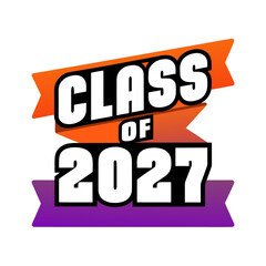 Class of 2027 graduation announcement graphic with colorful ribbons