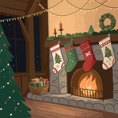 Cozy Christmas fireplace decorated for the holiday season
