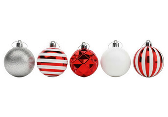 Five assorted christmas ornaments isolated on transparent background