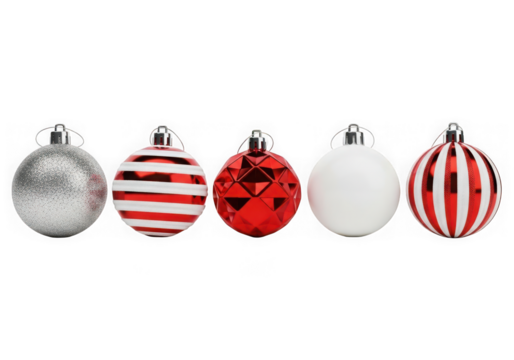 Five assorted christmas ornaments isolated on transparent background