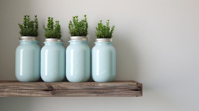 Four mint-colored jars filled with small green plants are arranged neatly on a wooden shelf against a light wall