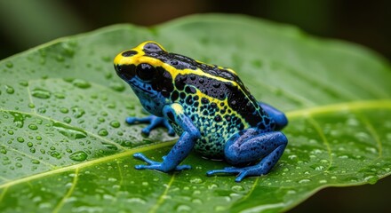 Obraz premium Colorful poison dart frog on leaf with water droplets in rainforest